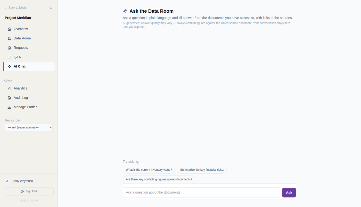 The data room AI chat. Retrieval runs under the asking user's folder permissions.