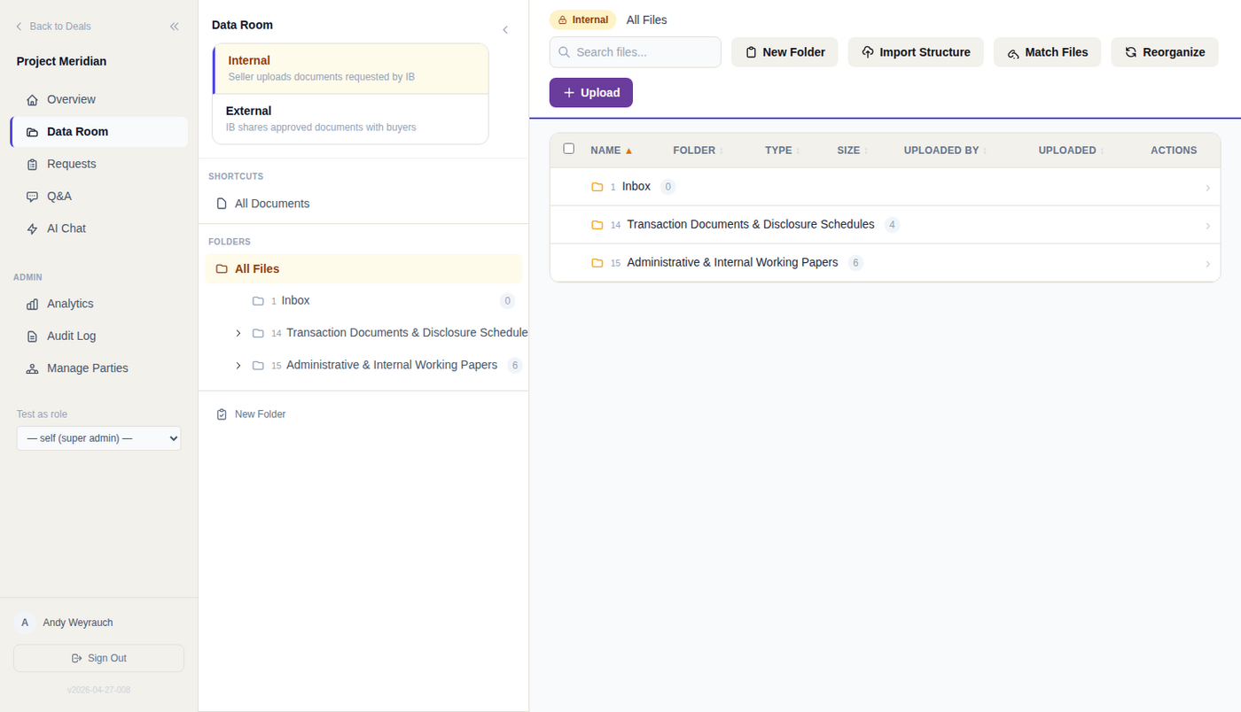 The data room: internal and external split, folder tree, and the upload and AI suggestions bar.